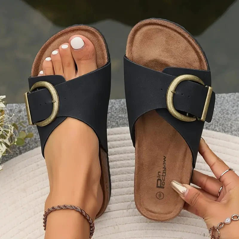 Image of Women's Buckle Flat Slide Sandals