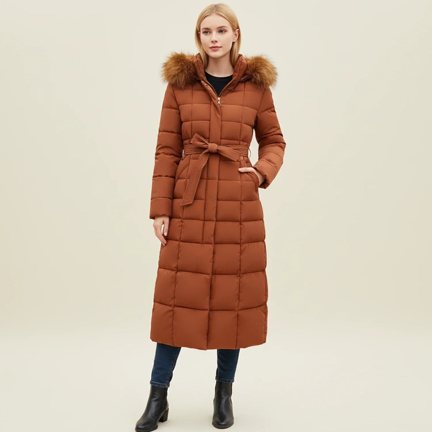 Women's Quilted Puffer Jacket Maxi Length Belted Hooded - Vonnera