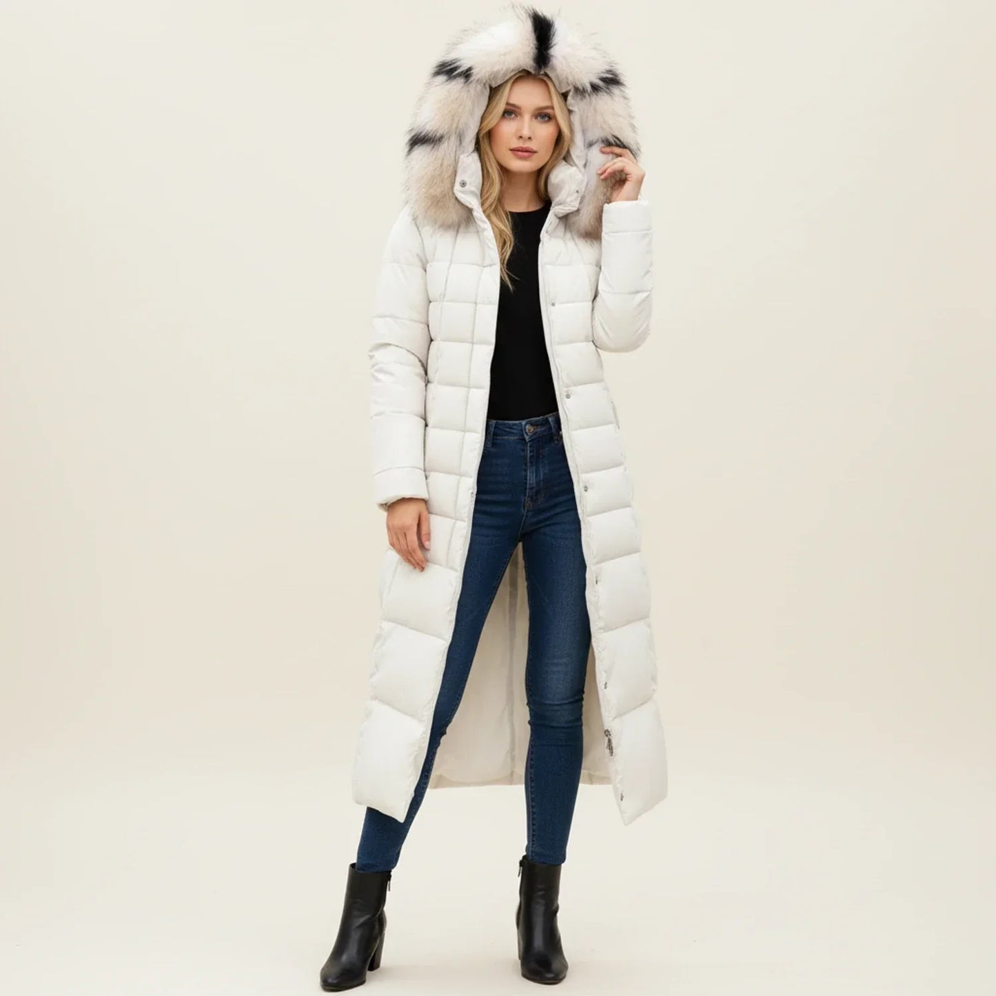 Women's Quilted Puffer Jacket Maxi Length Belted Hooded