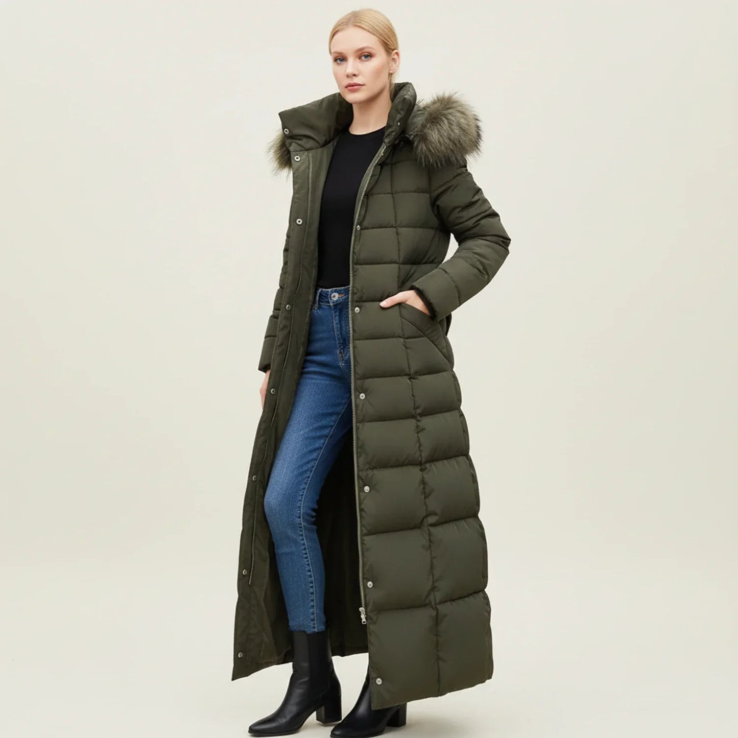 Women's Quilted Puffer Jacket Maxi Length Belted Hooded