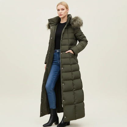 Women's Quilted Puffer Jacket Maxi Length Belted Hooded