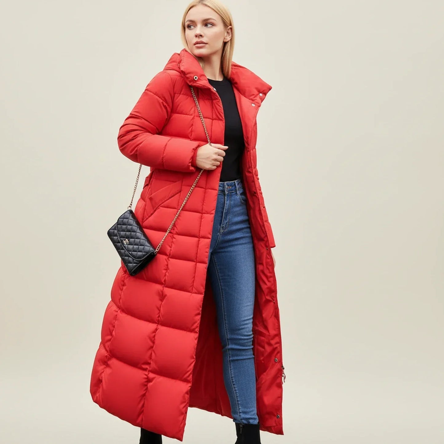 Women's Quilted Puffer Jacket Maxi Length Belted Hooded