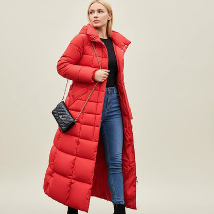 Women's Quilted Puffer Jacket Maxi Length Belted Hooded