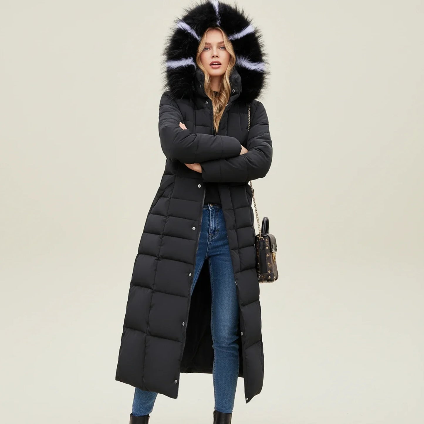 Women's Quilted Puffer Jacket Maxi Length Belted Hooded