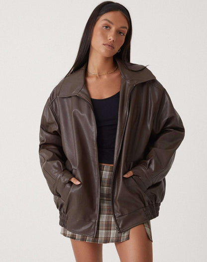Women's Leather Zip-Up Jacket Relaxed Fit High Collar Black - Vonnera