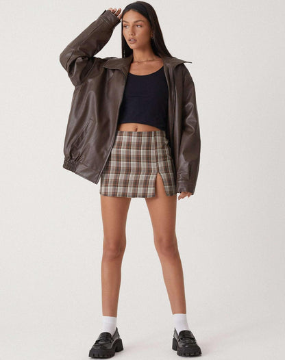 Women's Leather Zip-Up Jacket Relaxed Fit High Collar Black