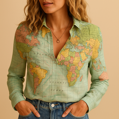 Women's World Map Print Blouse - Vonnera