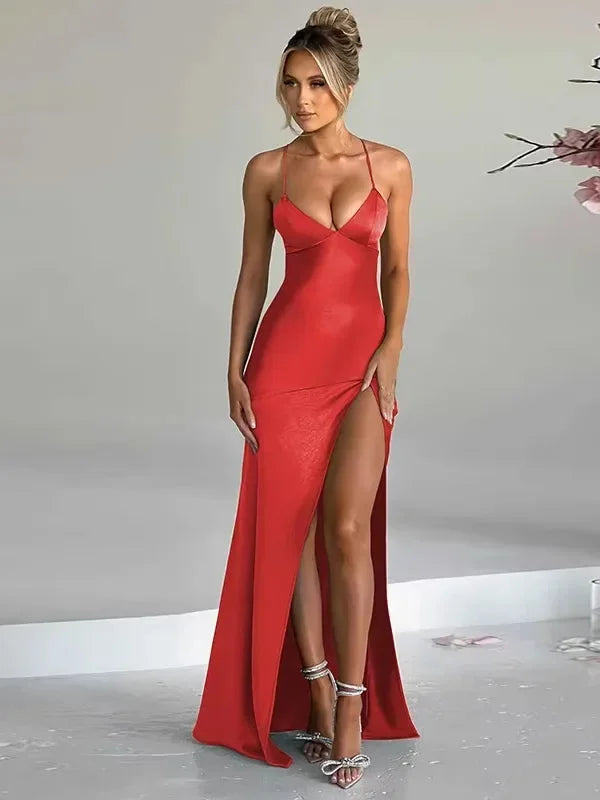 Women's Halter Neck Maxi Dress High Slit Evening