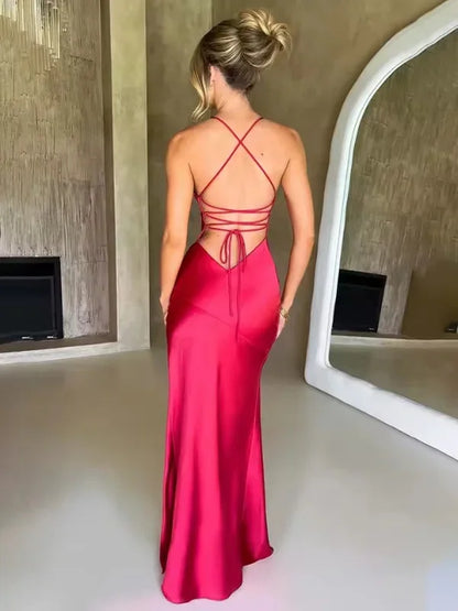 Women's Halter Neck Maxi Dress High Slit Evening