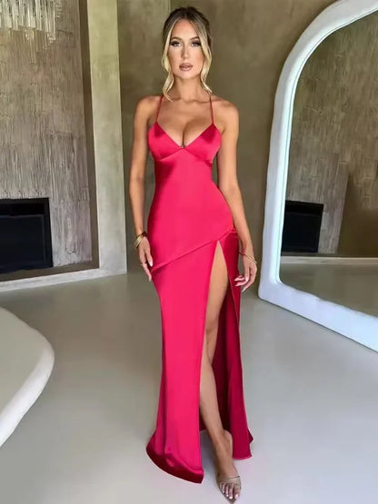 Women's Halter Neck Maxi Dress High Slit Evening
