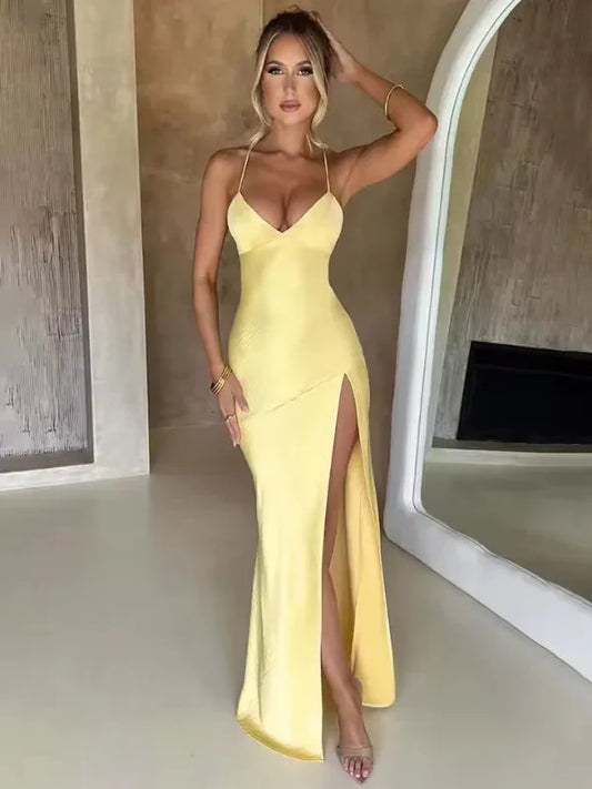 Women's Halter Neck Maxi Dress High Slit Evening - Vonnera