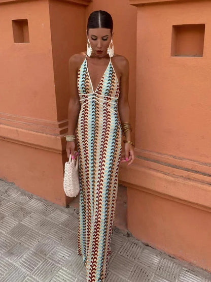 Women's Chevron Halter Maxi Dress With Waist Tie - Vonnera