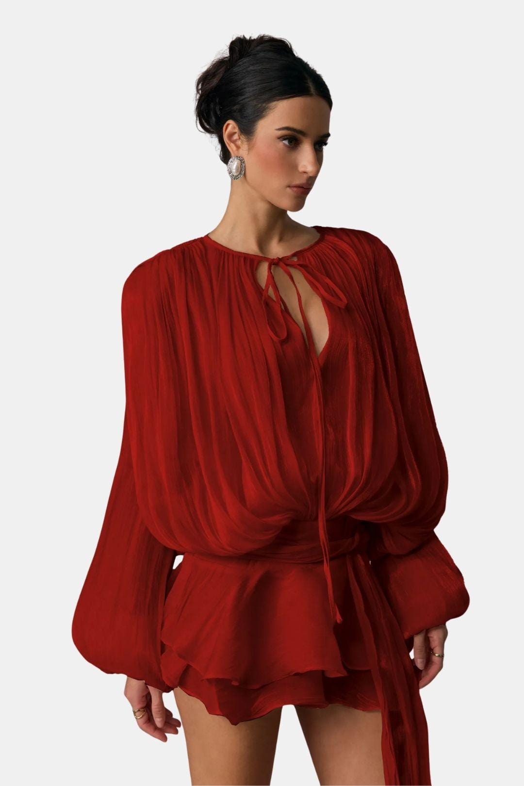 Women's Long Sleeve Mini Dress Tie Neck - VibreMode